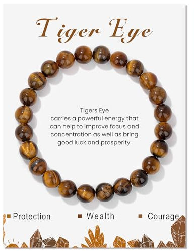LOCCY Echtes Naturstein Armband für Damen, 4mm Perlenarmband Yoga Armband für Muttertag Geburtstag Valentinstag Geschenke für Mama Tochter Oma Enkelin Schwester (8mm-Tigerauge)