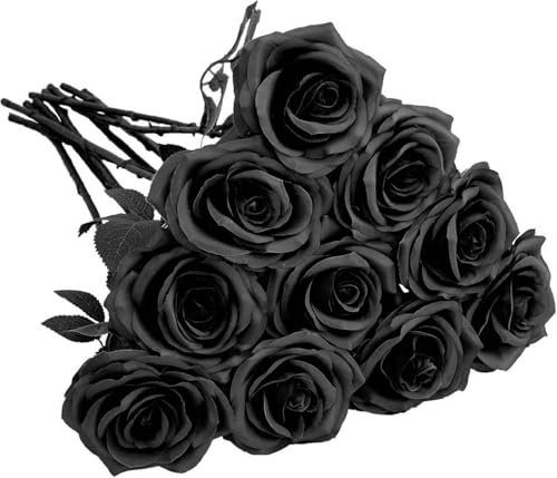 Uhky 10 Pcs Artificial Roses Silk Flowers Fake Single Stem Blooming Rose Bridal Bouqets For Halloween Wedding Home Party Decoration (Black Rose)