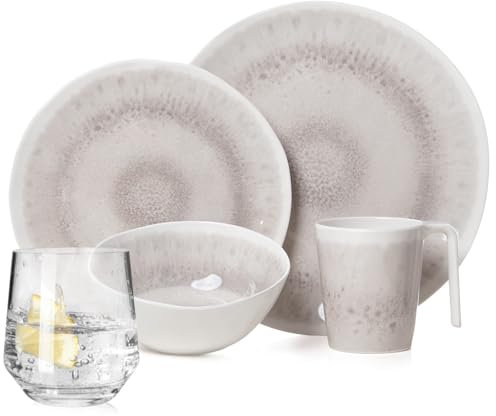 Melamin Camping Geschirr Set 4 Personen Amboss Design 16 Teilig + 4 Milano Gläser Wassergläser Tafelgeschirr Picknick BBQ Kochgeschirr