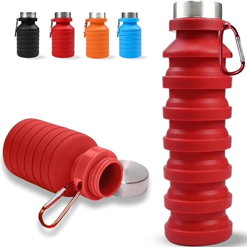 DARZWAY Botella de Agua Plegable de Silicona 300–550 ml – Bolsa Térmica Neopreno y Cepillo – Cantimplora Compacta y Reutilizable – Para Senderismo, Viajes y Deporte al Aire Libre – Sin BPA. (Rojo)