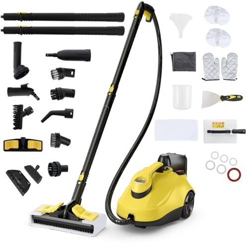GOPLUS Limpiador a Vapor 2000W, Máquina de Limpieza a Vapor con Depósito de 1,8L, Alta Presión de 5 Bar, Mopa a Vapor con Ruedas y Accesorios Completos, para Suelos, Ventanas, Alfombras (Amarillo)