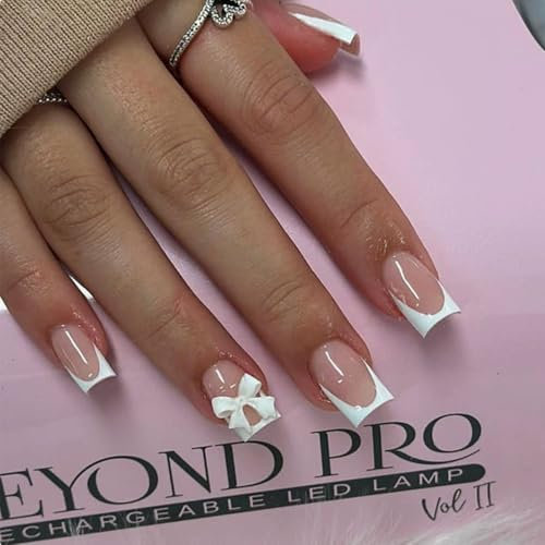 Press On Nails, 24 Pcs French Tip False Nails Square, Stick-On-Nails Short, Fake Nail White French Tip, Impress On Nail With 3D Bow Decoration For Women Girls