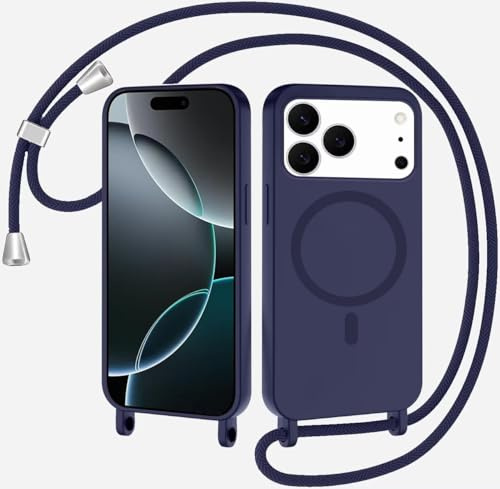 SLWYF Magnetische Handykette für iPhone 6/7/8/SE 2020 Hülle mit Band, Handyhülle Kompatibel mit MagSafe, Silikon Seil Necklace Handyhülle PU Stoßfest mit Abnehmbar Kordel zum Umhängen Case -Dunkelblau