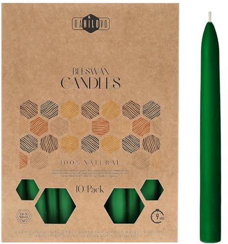 Danilovo Reine Bienenwachs Stabkerzen 10 Stück – Natürliche, Nachhaltige, Lang Brennende Bienenwachskerze für Jeden Anlass & Kerzenständer - Tropffrei, Rauchfrei, Honigduftende, Grün