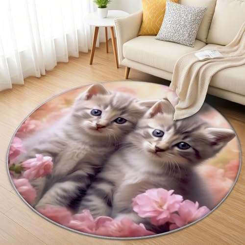 AevuCub Katzenmotiv Teppich Rund 90 cm Kurzflor - Waschbare Teppiche Wohnzimmer Süße Katze - Runder Teppich 90 Durchmesser Kinderzimmer - Bettvorleger Schlafzimmer rutschfest Weich