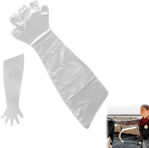 Rakiuty Long Sleeve Veterinary Gloves, Soft Plastic Film Gloves, Transparent, Pack of 20