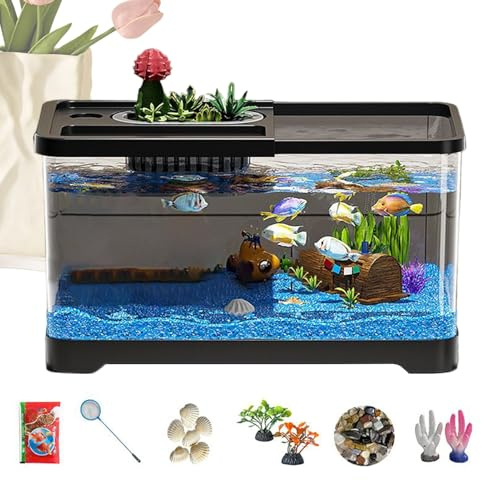 Huayeex Aquarium Starter Kit - Komplettset Mit LED-Beleuchtung & Deko - Hochtransparentes Glas Aquarium Deko Set Für Schreibtisch Wohnzimmer Studentenzimmer