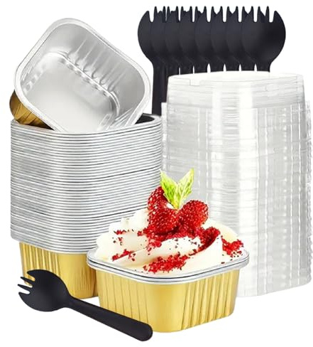50Pcs Mini Cake Tins with Lids and Spoons, 150ml Mini Loaf Cake Cases, Square Aluminum Foil Baking Pans, Reusable Aluminum Mini Cake Tins, for Bread Dessert Wedding Birthday Party (Golden-50Pack)