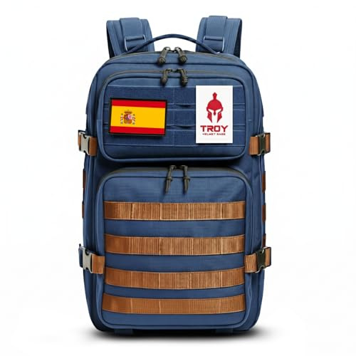 TROY HELMET BAGS Mochila Táctica Militar con Porta Casco para Moto, Patinete Eléctrico, Seguridad, Patines, Boxeo, Escalada, Bicicleta, Esquí, Snowboard, Equitación. Bolsa CrossFit Gimnasio (Vaquero)