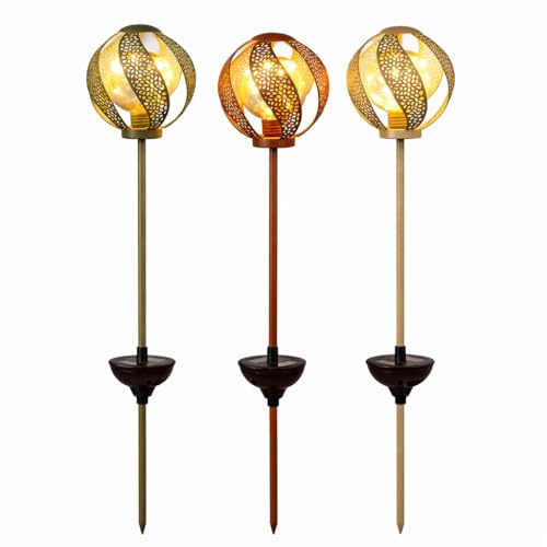 formano LED Gartenstecker Solar 3er Set Solarleuchten Kugel Metall mit Durchbruch und Erdspieß 94cm warmweißes Licht Wetterfetse IP44 Garten Deko außen, inkl. Akku