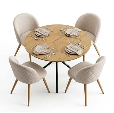 Amveya Esstisch-Set, rund, 120 cm, mit 4 gepolsterten Stühlen, aus Stoff, Beige, Füße in Eichenoptik, Tisch, Eichenoptik, modernes Esszimmer-Set, 5-teilig