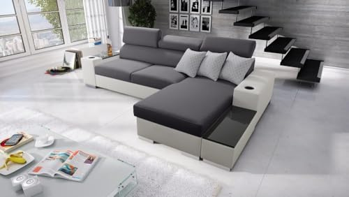 IM SOFA kleines Ecksofa L-Form mit Schlaffunktion PERS I Maxi – Moderne Eckcouch Wohnlandschaft kompakt (Grau Sawana + Weißes Kunstleder, Rechts)