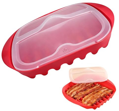 QhgPnt Microwave Bacon Cooker with Lid, Reusable Food Grade Splatter Proof Bacon Maker, Splatter Proof Bacons Maker for Quick Breakfast Preparation, Home Kitchen Microwave Bacons Crisper Tray(Red)