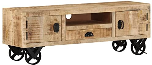 Wynira TV Schrank mit Rädern 110 x 30 x 37 cm aus massivem Mango Holz, Lowboard mit Schublade, Fach und Türen, Fernsehschrank für Wohnzimmer, Heimkino, HiFi Aufbewahrung, stauraum, ablage, Gaming