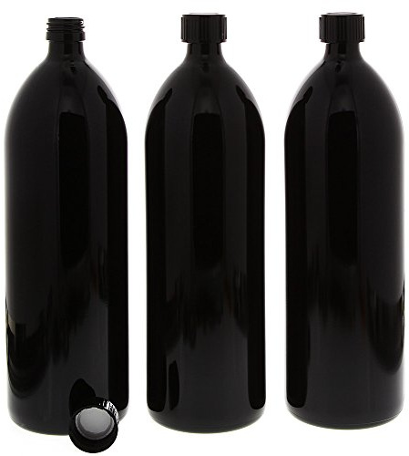 Mironglas Wasserflasche 1 Liter, Kosmetex Violett-Glas Lichtschutz-Flasche, wiederverschließbar, rund, Miron, 3× 1000 ml