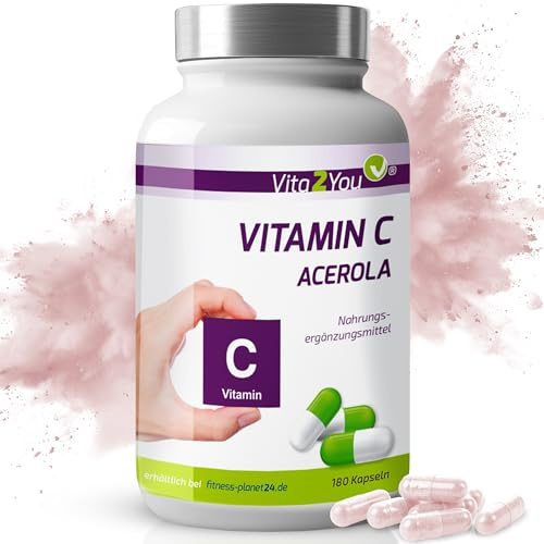 Vita2You Vitamin C Acerola - 180 Kapseln - 750mg Acerola pro Kapsel - Natürliches Vitamin C - Hochdosiert - Premium Qualität