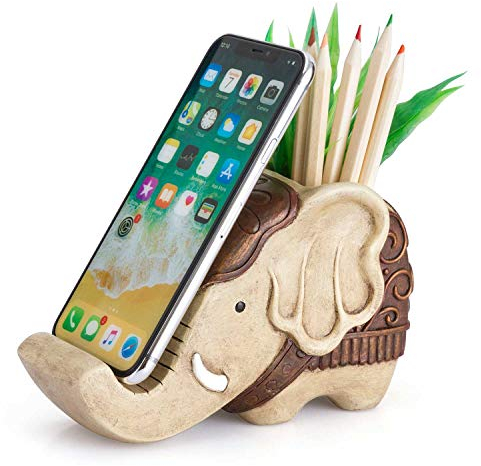 COOLBROS Stifthalter mit Handy Ständer, Harz Elefant Geformten Stift Container Handy Stand Carving Pinsel Scissor Halter Schreibtisch Veranstalter Dekoration für Büro Schreibtisch Hause Dekorative