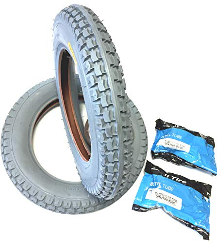 Rollstuhlreifen 2 Stück 12 1/2 x 2 1/4 (ETRTO 62-203) grau, 2 Stück Schlauch Winkelventil 90°/90°, Reifen verstärkt, kräftiger Reifenaufbau mit Blockprofil