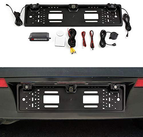 VISLONE Telecamera di backup con porta targa europea Telecamera di retrovisione a 12 LED con sensore di parcheggio del sistema radar retromarcia