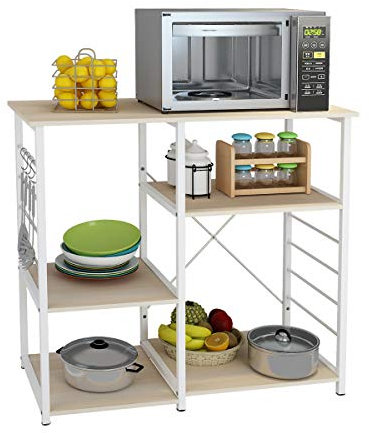 DlandHome Küchenregal Stehend Einfach Mikrowellenhalter Standregal Metall, platzsparendes Bäcker Regal mit Gestell & mit Haken, Regal für Küche Ahorn