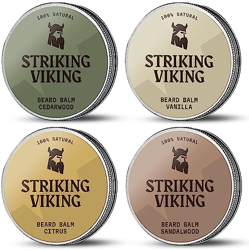Striking Viking Acondicionador de bálsamo para barba para hombres – Paquete variado de 4 con aromas de vainilla, sándalo, cítricos y madera de cedro – Estilos y condiciones con manteca