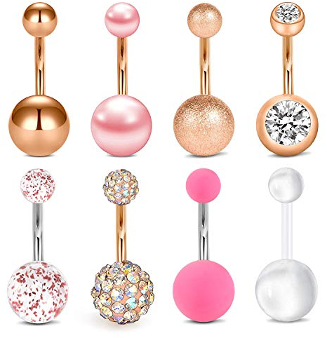 Rajnard 14G 1.6mm Piercing Ombelico 12mm Acciaio chirurgico Perla Sfera di cristallo 8 Pezzi Oro rosa