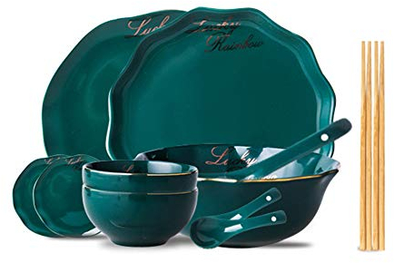 MICPB Juego de Vajilla, Juegos de CombinacióN de CeráMica Phnom Penh para una Cena RomáNtica para 2 Personas/Verde oscuro / 12 piece set