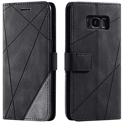 SONWO Hülle für Samsung Galaxy S8, Premium Leder PU Handyhülle Flip Case Wallet Silikon Bumper Schutzhülle Klapphülle für Galaxy S8, Schwarz