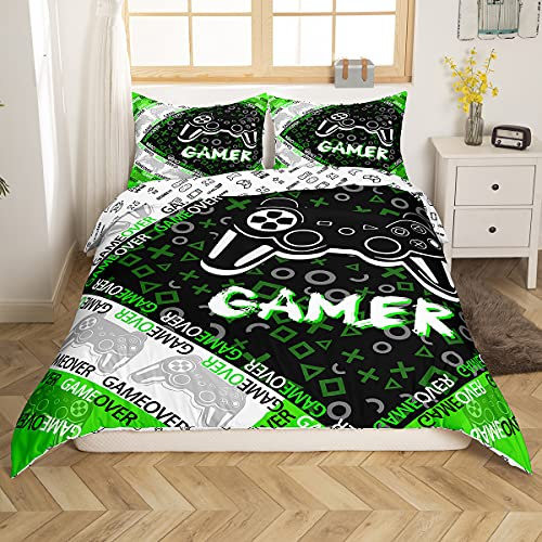 Kids Video Games Gamer Duvet Cover Set for Boys Teens Green and Black Gaming Bedding Set Video Game Gaming Comforter Cover Stylish Geometric Bedding & Linen With 1 Pillowcase 2Pcs Single Size