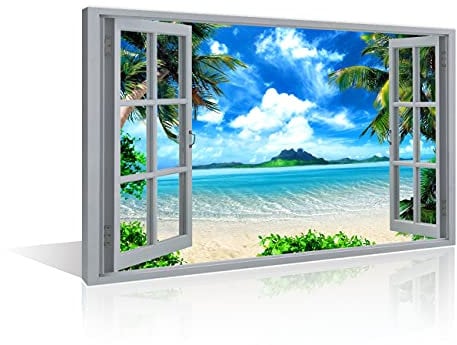 TISHIRON 3D Window Beach View Effect Wall Decorations For Home Modern Decor Painting Pictures Print On Canvas Wall Art Wooden Frame Ready To Hang(12X8in)