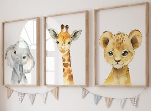 Eviepops Prints Set aus 3 Safaritieren für Kinderzimmer von Jungen und Mädchen, Ungerahmter Druck, Schlafzimmerdekor, Kinder Wandkunst, Dekor im Babyzimmer Spielzimmer-Poster elefant giraffe löwe (A3)