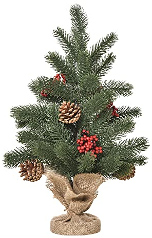 HOMCOM Weihnachtsbaum 50 cm Mini-Christbaum mit 4 roten Beeren und 4 Tannenzapfen kleine Kunsttanne 55 Zweige Sockel für Tisch und Schreibtisch PE Zement Sackleinen Grün Ø28 x 50 cm