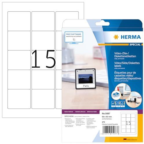 HERMA 5087 Disketten Etiketten 3,5 Zoll, 800 Blatt, 59 x 50 mm, 15 pro A4 Bogen, 12000 Stück, selbstklebend, bedruckbar, matt, blanko Papier ZIP-Disk Klebeetiketten Aufkleber, weiß