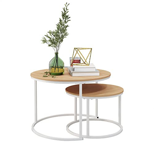 HOJINLINERO Round Nesting Coffee Table Set of 2 End Table for Living Room,69.5x49cm Industrial Stacking Side Table for Living Room/Bedroom/Small Space,White + OAKDK