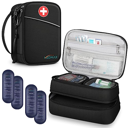 MEDMAX Borsa Termica per Insulina con 4 Impacchi di Ghiaccio, Medicinali Organizzatore da Viaggio, con Custodia Extra per Penne Insulina, Misuratori di Glucosio e altri Diabetici Accessori, (Nero)