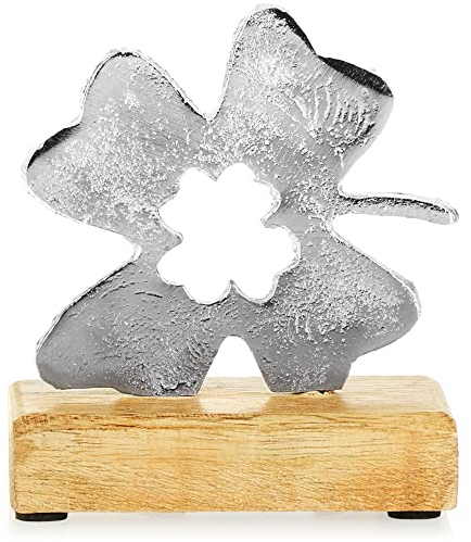 com-four® Kleeblatt - Glücksklee Aufsteller - Metall-Dekoration - Deko-Kleeblatt aus Metall und Standfuß aus Mangoholz - Glücksbringer (1 Stück - Kleeblatt)
