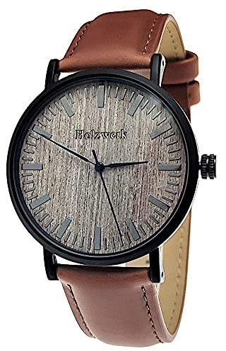 Holzwerk Germany Handgefertigte Flache Designer Unisex Herren-Uhr Damen-Uhr Öko Natur Holz-Uhr Armband-Uhr Analog Klassisch Quarz-Uhr Braun Schwarz Leder-Armband und Holz Ziffernblatt