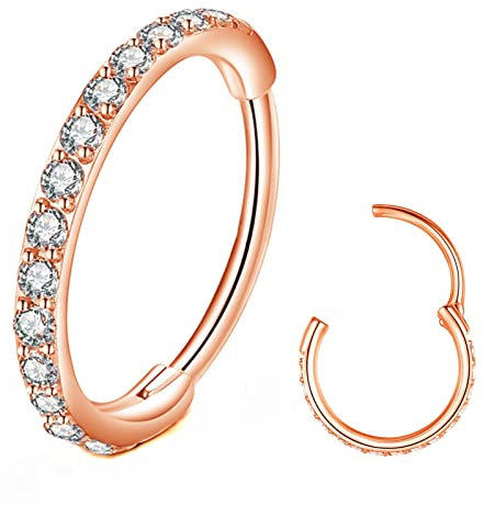 BLESSMYLOVE Clear CZ Rose Gold 20G 7mm Nose Rings Hoop 316L Surgical Steel 20 gauge Cartilage Earrings Daith Helix Rook Tragus Lobe Snug Body Piercing Jewelry Stainless Steel Hinged Segment Rings