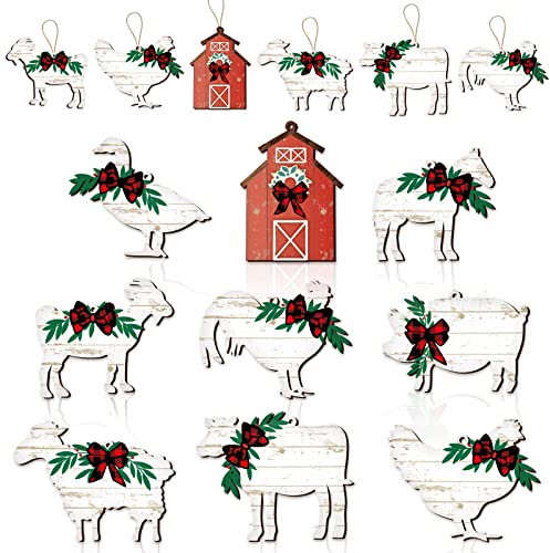 36 Stück Weihnachten Bauernhof Tiere Ornamente Holz Weihnachten Tier Hängende Ornamente Holz Kuh Schwein Bauernhaus Urlaub Dekor für Weihnachtsbaum Dekoration Basteln