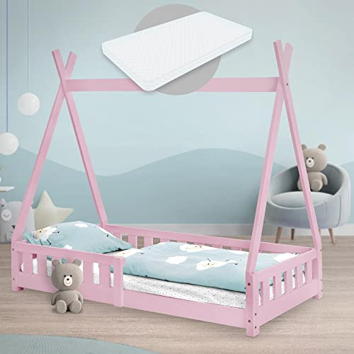 ML-Design Kinderbett Tipi 80x160 cm Rosa mit Matratze, Rausfallschutz und Lattenrost, aus Kiefernholz, Indianer Bett für Mädchen & Jungen, Hausbett mit Zaun, Bodenbett Jugendbett Spielbett Holzbett