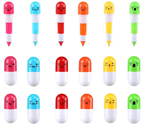 WUDQIJI Kugelschreiber 18 Stück einziehbare Gel Tintenstifte Tintenroller Cute Kapsel Stifte Pille Druckkugelschreiber Einziehbarer Pillenstift mit Kawaii Gesicht für Kinder(6 Farben)