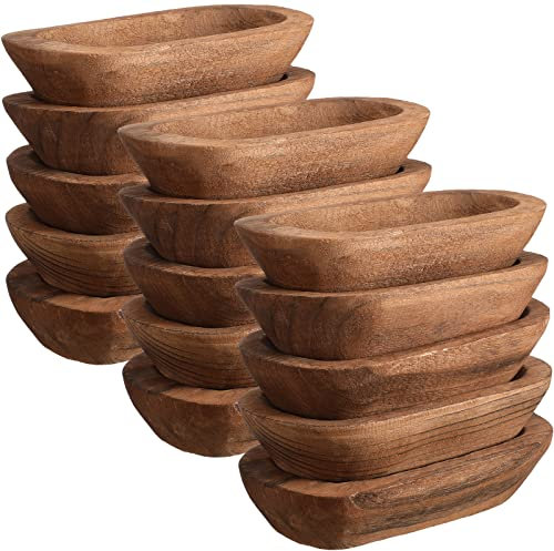 Amyhill 15 Pcs 9.5 Inch Wood Dough Bowl Bulk Rustic Vintage Hand Carved Paulownia Wooden Dough Bowls for Home Dining Holding Candles Making Bread Fruits Supplies Decorations(Brown)