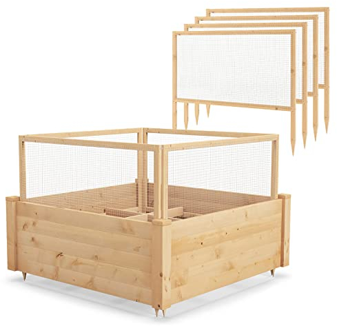 RELAX4LIFE Blumenkasten mit Abnehmbaren 4 Schutznetzen & 9 Fächern, Pflanzkasten ohne Boden, Gartenbeet Holz, Hochbeet mit Metallzaun, Blumenbeet für Garten, 107 × 107 × 70 cm, Natur