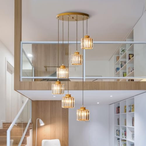 Bellastein Drehbare Treppe Pendelleuchte Luxus Einfaches Kristalllicht LED Hängeleuchte Hotel Wohnung Hoch Duplex Gebäude Wohnzimmer Große Villa Lange Kronleuchter (Gold, 6-Köpfe)