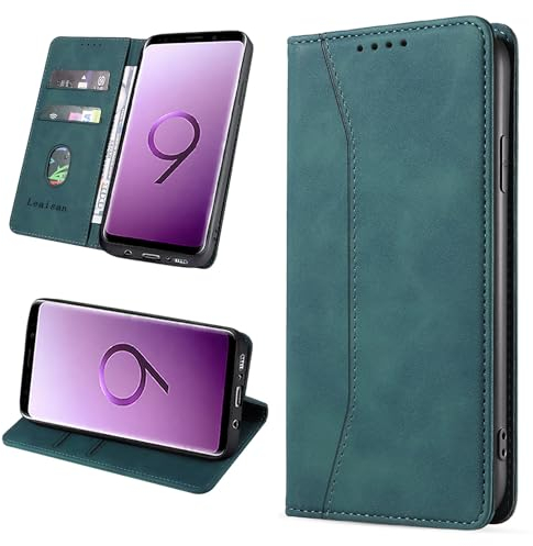Leaisan Handyhülle für Samsung Galaxy S9 Hülle Premium Leder Flip Klappbare Stoßfeste Magnetische [Standfunktion] [Kartenfächern] Schutzhülle für Samsung Galaxy S9 Tasche - Malachitgrün