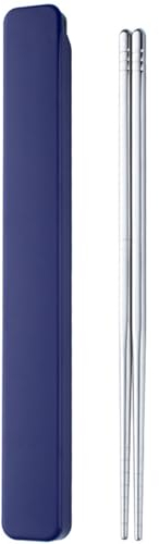 1 Pair Portable Chopsticks with Pull Design Case, Reusable Metal Stainless Steel Chopstick Travel Utensil for School Home Office Outdoor Camp Bento Box Use, Dishwasher Safe (Dark Blue)