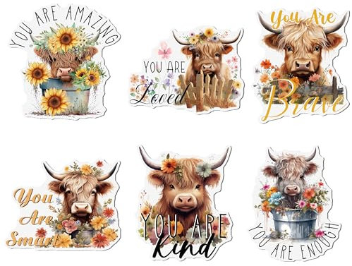 Kühlschrankmagnete, Türdekoration, magnetisch, 6 Stück, Motiv: Hochlandkuh Blumen, niedliche Kühlschrankmagnete, You are Enough You are Loved, inspirierendes Zitat, Magnetaufkleber, Dekoration,