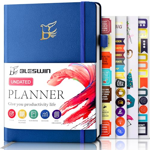 Undatierter Monats- und Wochenplaner aus Leder 14,5 x 21,6 CM Akademischer Planer zur Steigerung der Produktivität, Planernotizbücher für Frauen und Männer (Dunkelblau)