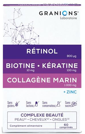 GRANIONS COLLAGENE MARIN | RETINOL + BIOTINE + KERATINE + ZINC - Collagene Complexe Beauté - Collagene pour Cheveux, Peau, Ongles- Collagene Marin Retinol + Vitamine B6, 60 comprimés -Marque Française