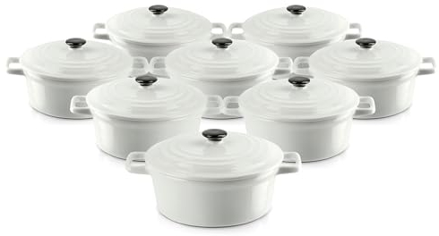 KHG Auflaufform mit Deckel 8er Set, Weiß 0,5 Liter klein, Keramik Steingut rund, Servierform mit Griffen, ofenfest 200°C & mikrowellenfest, Mini-Schmortopf, Mini-Bräter, Mini-Cocotte